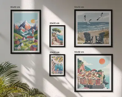Väggdekoration tavelset med motiv av retro bergs- och havslandskap