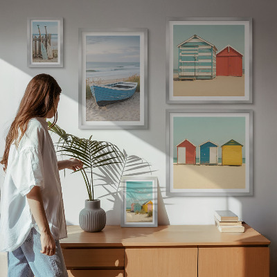 Set om 5 tavlor Havsutsikt, hus, båtar
