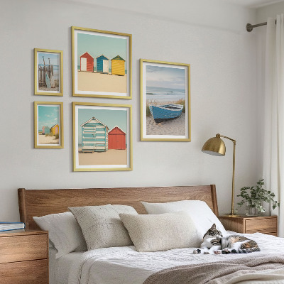 Set om 5 tavlor Havsutsikt, hus, båtar