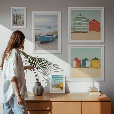 Set om 5 tavlor Havsutsikt, hus, båtar