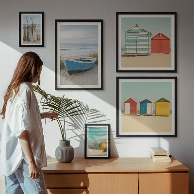 Set om 5 tavlor Havsutsikt, hus, båtar