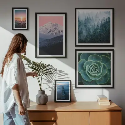Tavelvägg med 5 tavlor landskap med berg och hav i boho-stil