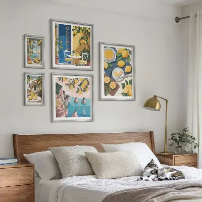 Tavelset med väggdekoration med somrigt boho-motiv av citroner