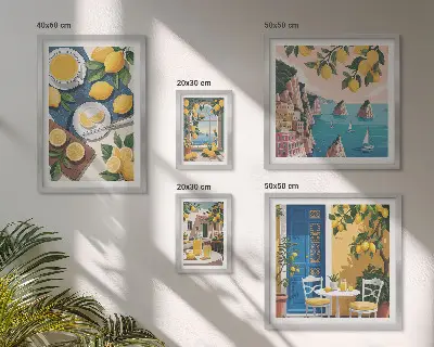 Tavelset med väggdekoration med somrigt boho-motiv av citroner