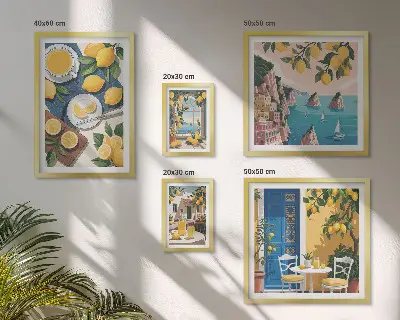 Tavelset med väggdekoration med somrigt boho-motiv av citroner