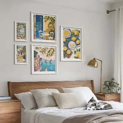 Tavelset med väggdekoration med somrigt boho-motiv av citroner