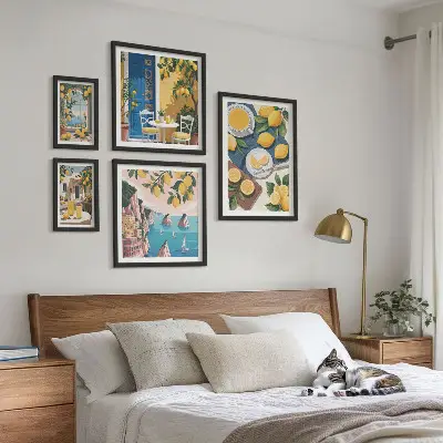 Tavelset med väggdekoration med somrigt boho-motiv av citroner
