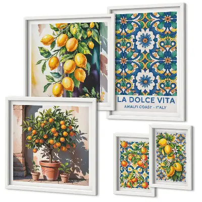 Tavelvägg med 5 tavlor med italienska citrusmotiv i Amalfi-stil