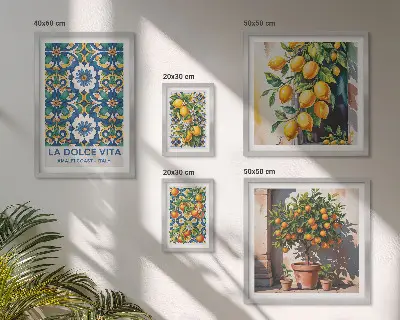 Tavelvägg med 5 tavlor med italienska citrusmotiv i Amalfi-stil