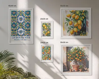 Tavelvägg med 5 tavlor med italienska citrusmotiv i Amalfi-stil