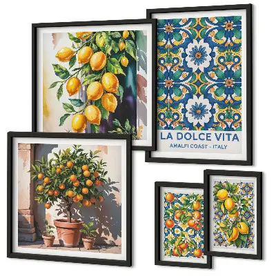 Tavelvägg med 5 tavlor med italienska citrusmotiv i Amalfi-stil