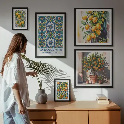 Tavelvägg med 5 tavlor med italienska citrusmotiv i Amalfi-stil