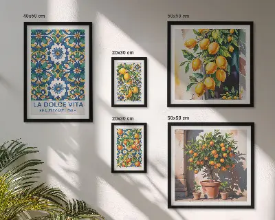 Tavelvägg med 5 tavlor med italienska citrusmotiv i Amalfi-stil