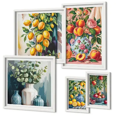 Väggdekoration i form av tavelset fruktiga och blommiga kompositioner