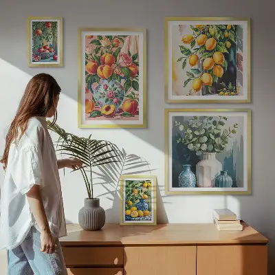Väggdekoration i form av tavelset fruktiga och blommiga kompositioner