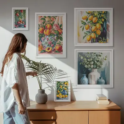 Väggdekoration i form av tavelset fruktiga och blommiga kompositioner