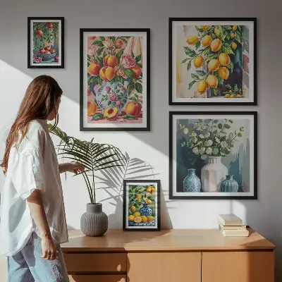 Väggdekoration i form av tavelset fruktiga och blommiga kompositioner