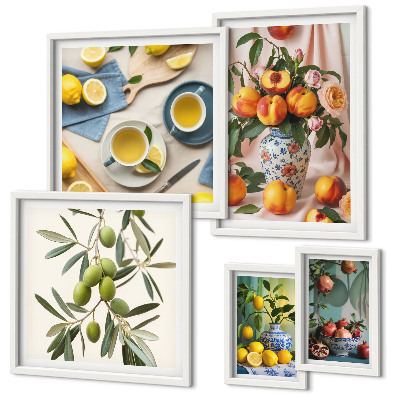 Set om 5 tavlor Frukter och blommor rustik dekoration