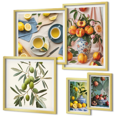 Set om 5 tavlor Frukter och blommor rustik dekoration