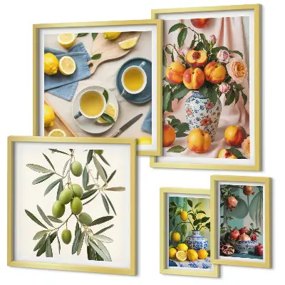 Frukter och blommor rustik dekoration set om 5 tavlor