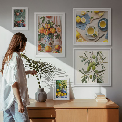 Set om 5 tavlor Frukter och blommor rustik dekoration