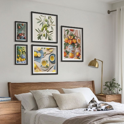 Set om 5 tavlor Frukter och blommor rustik dekoration