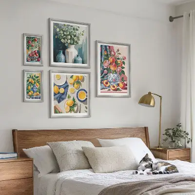 Blommiga fruktkompositioner tavelvägg med 5 tavlor