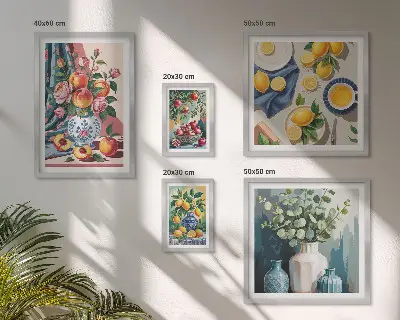 Blommiga fruktkompositioner tavelvägg med 5 tavlor