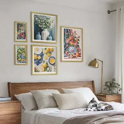 Blommiga fruktkompositioner tavelvägg med 5 tavlor