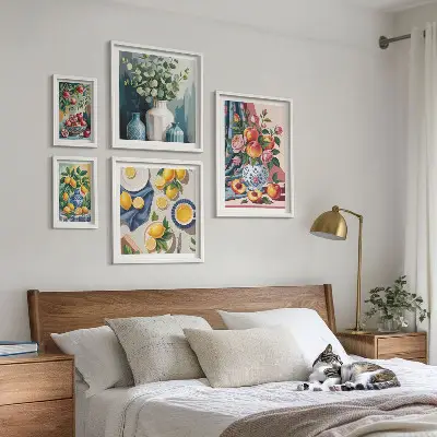 Blommiga fruktkompositioner tavelvägg med 5 tavlor