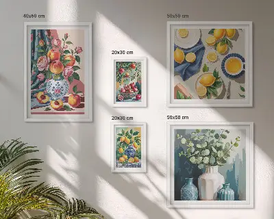 Blommiga fruktkompositioner tavelvägg med 5 tavlor