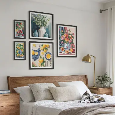 Blommiga fruktkompositioner tavelvägg med 5 tavlor