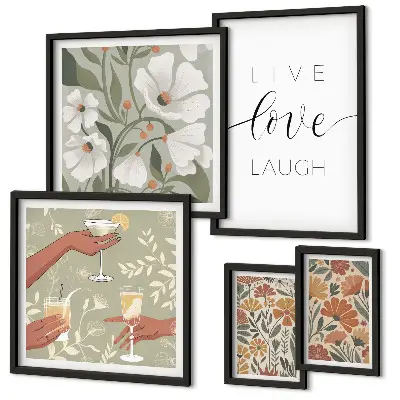 Tavelvägg med 5 tavlor med snygga blommiga och grafiska motiv