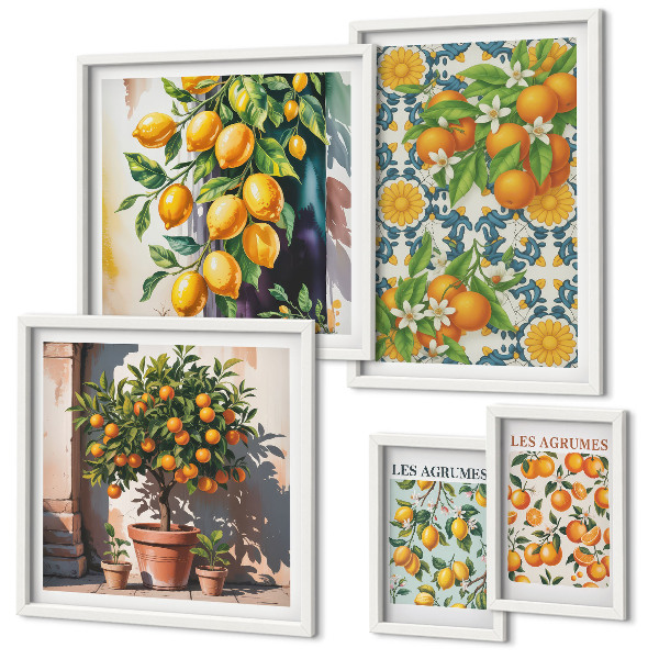 Tavelvägg med 5 tavlor Citrusfrukter blommor vintage