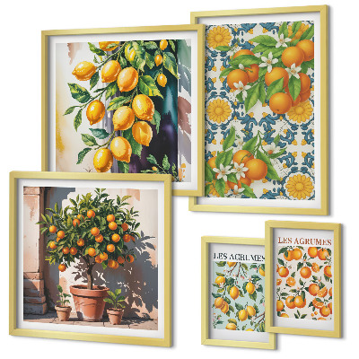 Tavelvägg med 5 tavlor Citrusfrukter blommor vintage