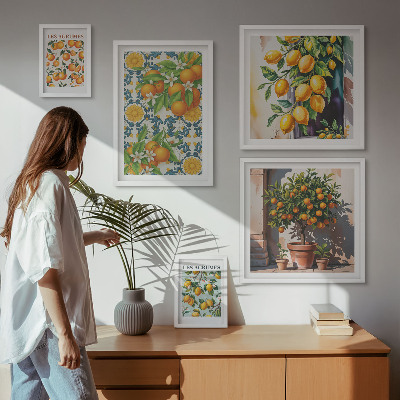 Tavelvägg med 5 tavlor Citrusfrukter blommor vintage