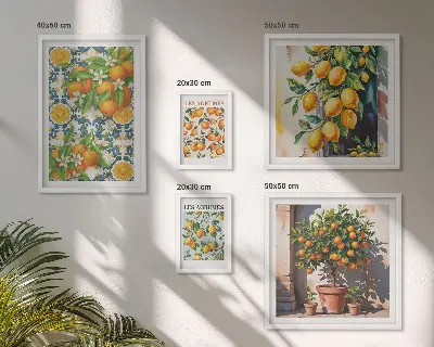 Tavelvägg med 5 tavlor med vintage-motiv av citrusfrukter och blommor