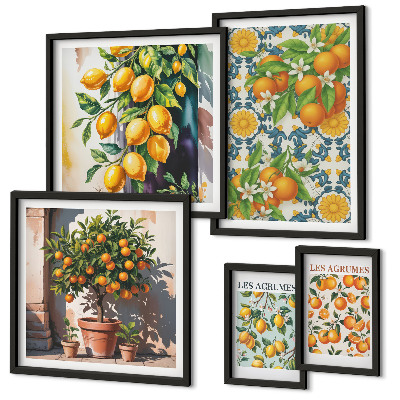 Tavelvägg med 5 tavlor Citrusfrukter blommor vintage