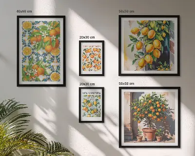 Tavelvägg med 5 tavlor med vintage-motiv av citrusfrukter och blommor