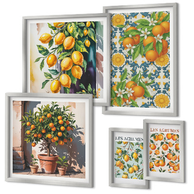 Tavelvägg med 5 tavlor Citrusfrukter blommor vintage