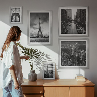 Tavelvägg med 5 tavlor Svartvita arkitektoniska ikoner