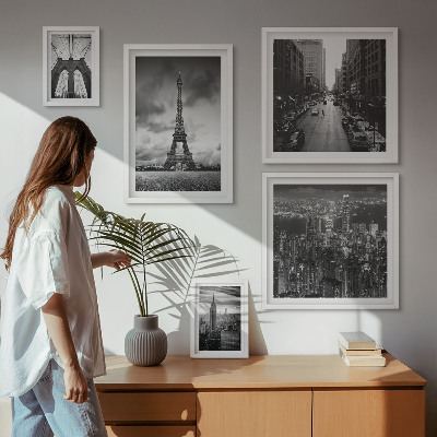 Tavelvägg med 5 tavlor Svartvita arkitektoniska ikoner