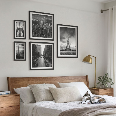 Tavelvägg med 5 tavlor Svartvita arkitektoniska ikoner