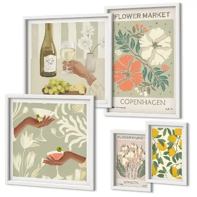 Tavelvägg med 5 tavlor med motiv av blommor och frukter i vintagestil