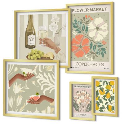 Tavelvägg med 5 tavlor Blommor och frukter i vintagestil