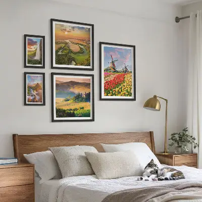 Väggdekoration tavelset med motiv av natur, vattenfall och väderkvarnar