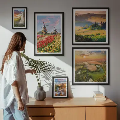 Väggdekoration tavelset med motiv av natur, vattenfall och väderkvarnar
