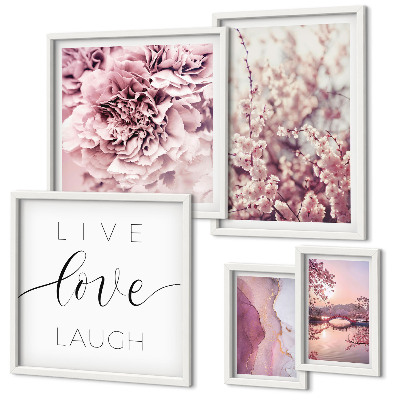Set om 5 tavlor Blommotiv pastellfärgade slogans