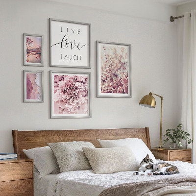 Set om 5 tavlor Blommotiv pastellfärgade slogans