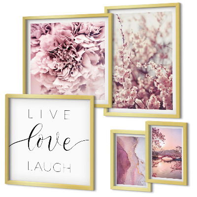 Set om 5 tavlor Blommotiv pastellfärgade slogans